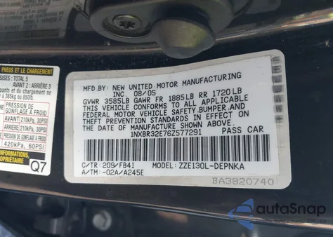 2006 Toyota Corolla Le z USA, uszkodzony, nr VIN 1NXBR32E76Z577291